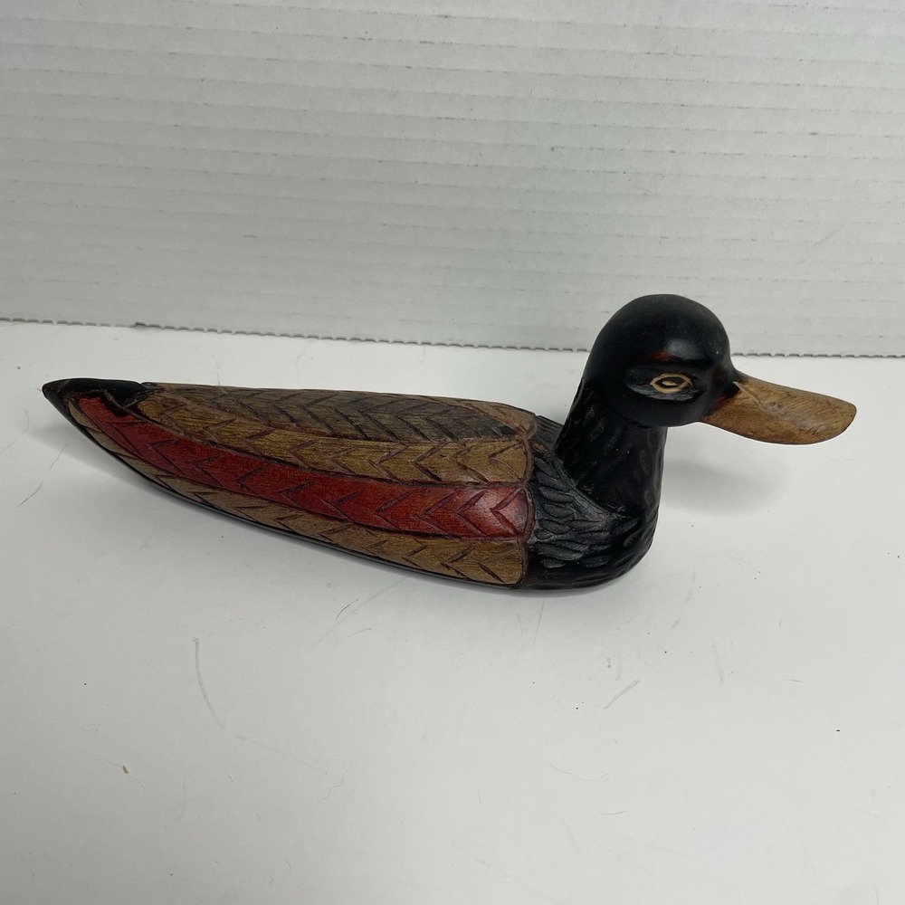 Wooden Duck Statue 8" Figurine Painted Bird Decor Decoy Wood Sculpture Primitive